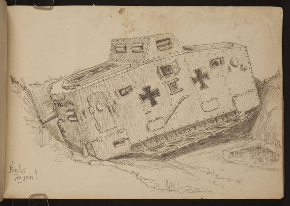 A humerous sketch showing an abandoned German tank, stuck in a ditch or trench.